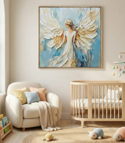 Textured figurative hand-painted canvas depicting an angel with layered cream and gold wings against soft blue tones, nursery setting