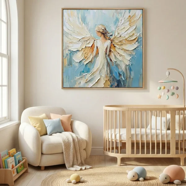 Textured figurative hand-painted canvas depicting an angel with layered cream and gold wings against soft blue tones, nursery setting