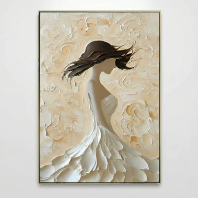 Textured figurative hand-painted canvas depicting a flowing-haired woman in white draped fabric against cream floral relief background