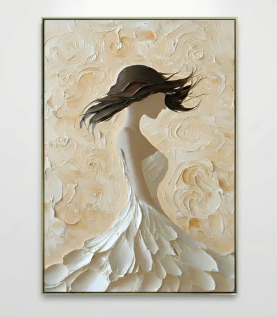 Textured figurative hand-painted canvas depicting a flowing-haired woman in white draped fabric against cream floral relief background