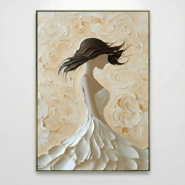 Textured figurative hand-painted canvas depicting a flowing-haired woman in white draped fabric against cream floral relief background