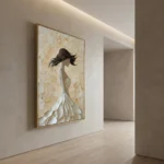 Textured figurative hand-painted canvas depicting a woman in flowing white dress with dark hair against ornamental cream background, contemporary gallery space