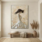 Textured figurative hand-painted canvas depicting flowing-haired woman in white dress with dimensional floral background, cream and gold palette, contemporary entryway