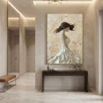 Textured contemporary hand-painted canvas depicting an ethereal female figure in cream and ivory tones with flowing black hair, sculptural relief background, modern entryway