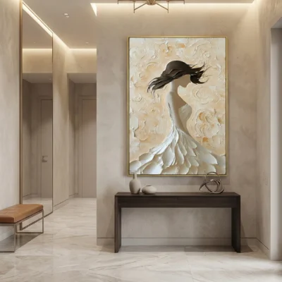 Textured contemporary hand-painted canvas depicting an ethereal female figure in cream and ivory tones with flowing black hair, sculptural relief background, modern entryway