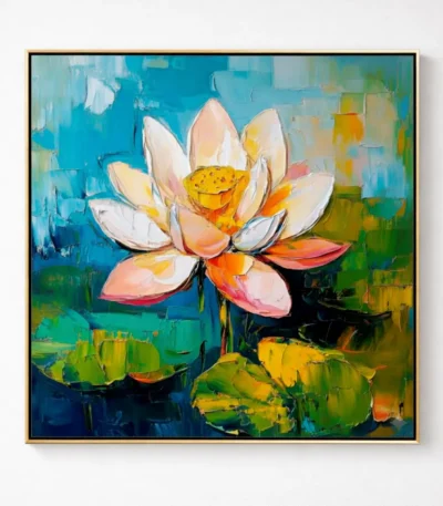 Contemporary hand-painted canvas of lotus flower with white petals and golden center in vibrant blue, green and coral tones