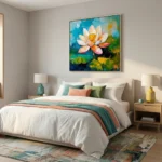 Textured impressionist hand-painted canvas depicting white and coral water lily with golden center and green foliage, vibrant blue-green palette, modern bedroom