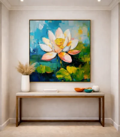 Contemporary hand-painted canvas depicting a blooming lotus flower in white, coral and yellow against textured blue-green water, modern entryway