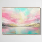 Layered abstract landscape painting with soft pink and turquoise tones, golden accents, and luminous sky reflection on water, hand-painted canvas