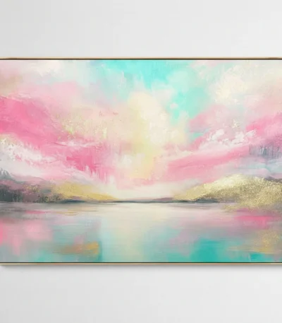 Layered abstract landscape painting with soft pink and turquoise tones, golden accents, and luminous sky reflection on water, hand-painted canvas