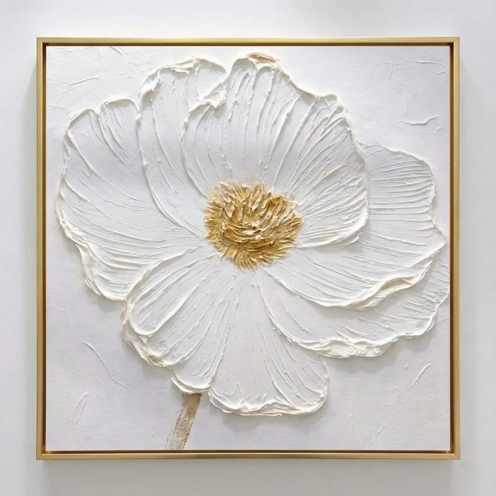 Contemporary hand-painted canvas of a white anemone flower with golden center and textured petals, cream and gold palette
