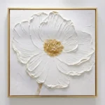 Contemporary hand-painted canvas of a white anemone flower with golden center and textured petals, cream and gold palette