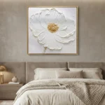 Textured hand-painted canvas of a white cosmos flower with golden center in cream and ivory tones, modern bedroom