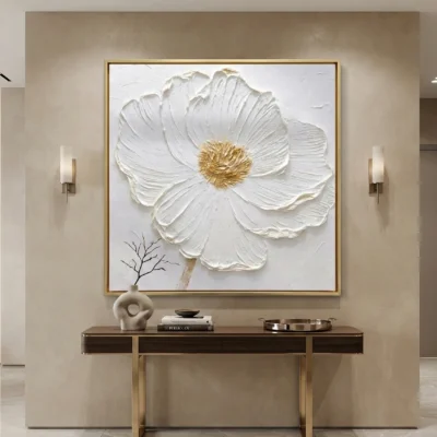 Textured contemporary hand-painted canvas of a white cosmos flower with golden center in neutral tones, modern entryway