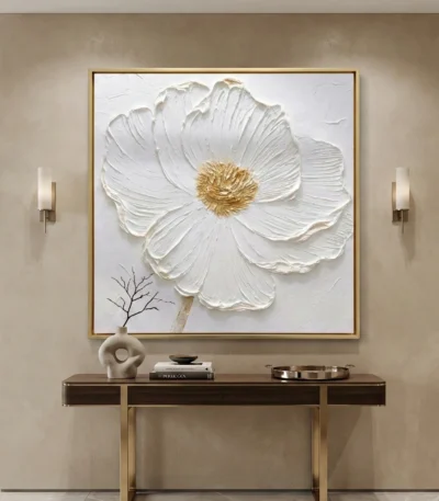 Textured contemporary hand-painted canvas of a white cosmos flower with golden center in neutral tones, modern entryway