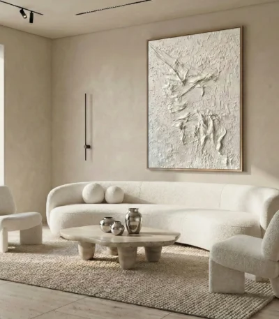 Textured figurative hand-painted canvas depicting graceful dancing figures in cream and ivory tones, contemporary living space