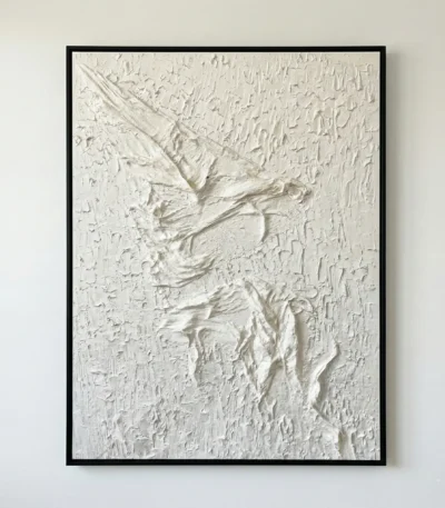 Textured abstract hand-painted canvas depicting a dynamic figure in gestural cream and ivory tones, contemporary living space