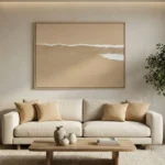 Minimalist landscape hand-painted canvas depicting soft waves and sandy beach in warm neutral tones, contemporary living space
