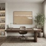 Minimalist landscape hand-painted canvas depicting sandy beach with white wave, warm neutral palette, contemporary home office