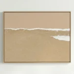 Minimalist seascape hand-painted canvas depicting gentle waves and sandy beach in warm neutral tones, contemporary living space