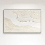 Textured minimalist hand-painted canvas in cream and ivory with layered gestural brushstrokes, modern bedroom