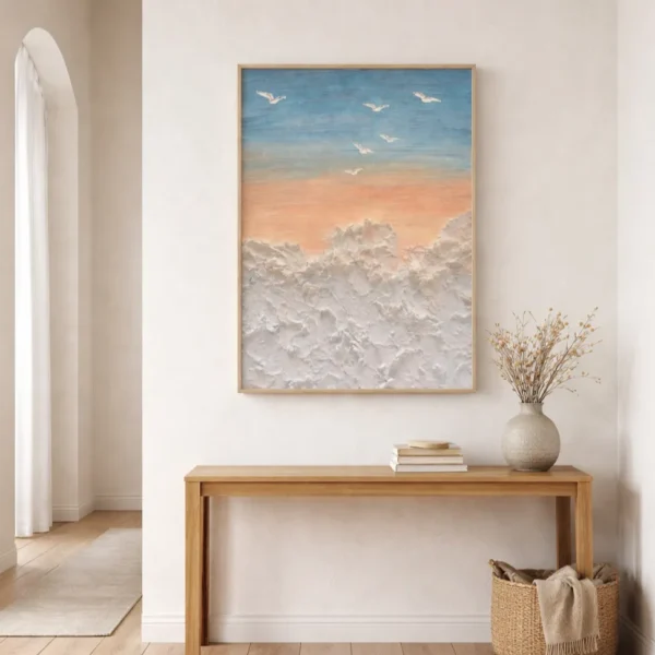 Textured impressionist hand-painted canvas depicting soft clouds and peachy sunset sky in warm tones, contemporary entryway