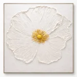 Textured hand-painted canvas depicting a white cosmos flower with golden stamen center, impasto brushwork detail
