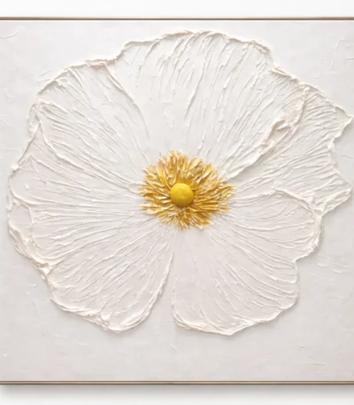 Textured hand-painted canvas depicting a white cosmos flower with golden stamen center, impasto brushwork detail