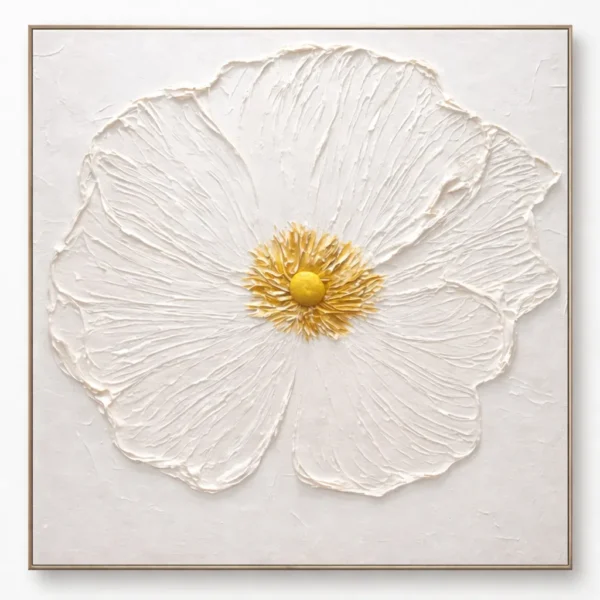 Textured hand-painted canvas depicting a white cosmos flower with golden stamen center, impasto brushwork detail