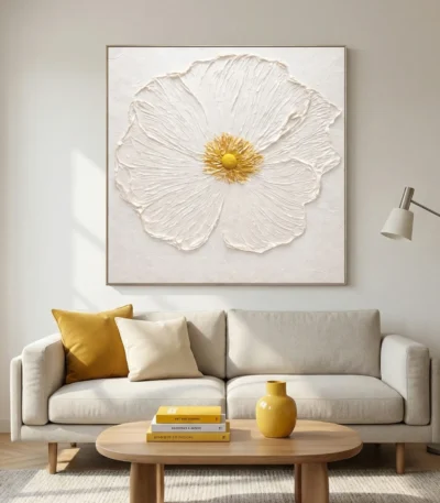 Textured hand-painted canvas of a white cosmos flower with golden center in cream and yellow tones, contemporary living space