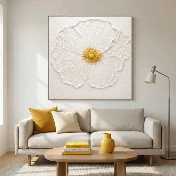 Textured hand-painted canvas of a white cosmos flower with golden center in cream and yellow tones, contemporary living space