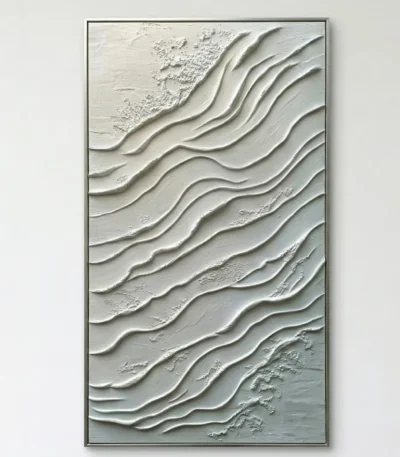 Textured abstract hand-painted canvas with flowing wave patterns in cream and soft grey tones