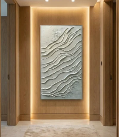 Textured abstract hand-painted canvas with flowing organic waves in soft cream and ivory tones, modern entryway