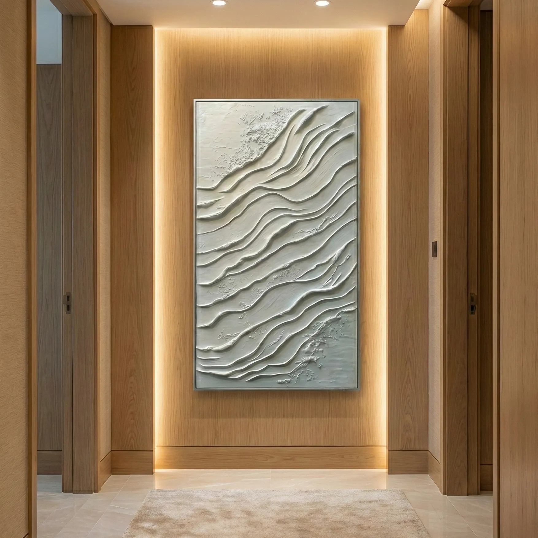 Serene White Tides Textured wave plaster art minimal wall art (2) Textured abstract hand-painted canvas with flowing organic waves in soft cream and ivory tones, modern entryway