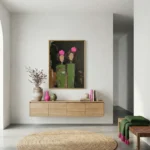 Contemporary figurative painting depicting two stylized figures with pink heads in green vessels, dark background with warm earth tones, modern living space