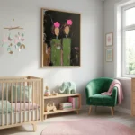 Gestural abstract hand-painted canvas depicting stylized flowers in pink and green with textured dark background, nursery setting