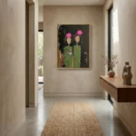 Gestural hand-painted canvas depicting two abstracted figures with vibrant pink blooms and green architectural forms on dark background, contemporary entryway