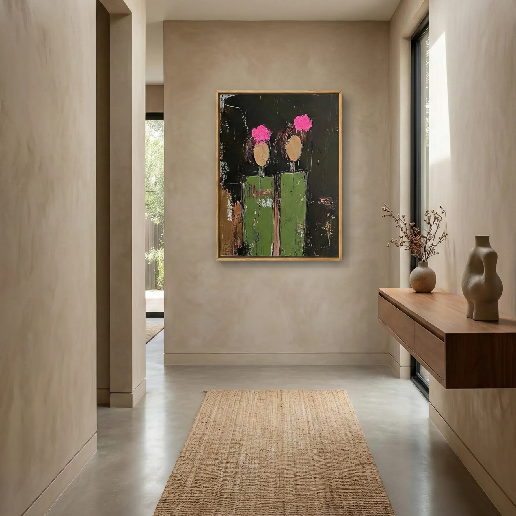 Shadow Blooms Dark background textured painting color wall art (4) Gestural hand-painted canvas depicting two abstracted figures with vibrant pink blooms and green architectural forms on dark background, contemporary entryway