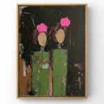 Gestural abstract hand-painted canvas depicting two figures with vibrant pink blooms and neutral heads in green vessels against dark expressionist background