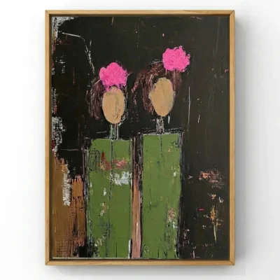 Gestural abstract hand-painted canvas depicting two figures with vibrant pink blooms and neutral heads in green vessels against dark expressionist background
