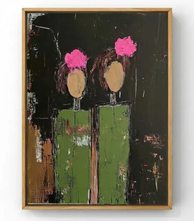 Gestural abstract hand-painted canvas depicting two figures with vibrant pink blooms and neutral heads in green vessels against dark expressionist background