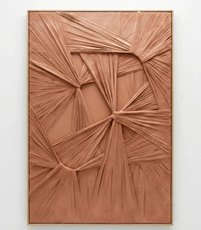 Textured abstract hand-painted canvas with layered terracotta fabric folds and dramatic directional brushstrokes, warm neutral palette