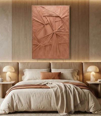 Textured abstract hand-painted canvas in terracotta and blush tones with radiating gestural brushwork, contemporary bedroom setting