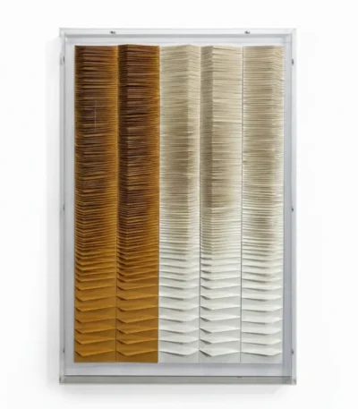Textured abstract hand-painted canvas with layered horizontal ridges in warm ochre and cool neutral tones, contemporary gallery setting