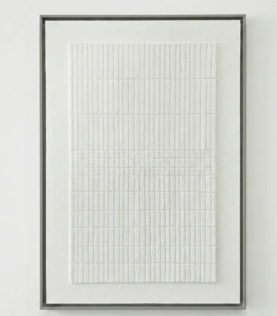 Minimalist textured hand-painted canvas with vertical and geometric grid patterns in soft white and cream tones
