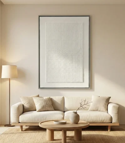 Minimalist hand-painted canvas featuring geometric vertical line patterns in soft white and cream tones, contemporary living space