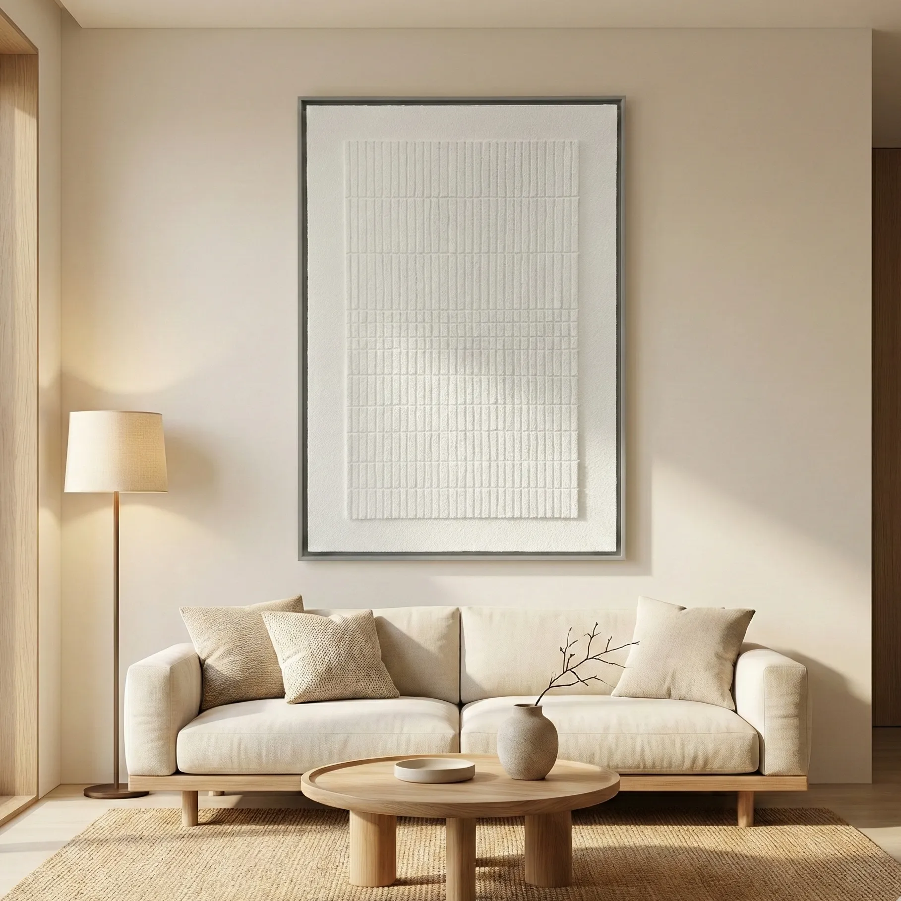 Silent Geometric Grid – Abstract White Wall Decor Wabi Sabi Wall Art (4) Minimalist hand-painted canvas featuring geometric vertical line patterns in soft white and cream tones, contemporary living space
