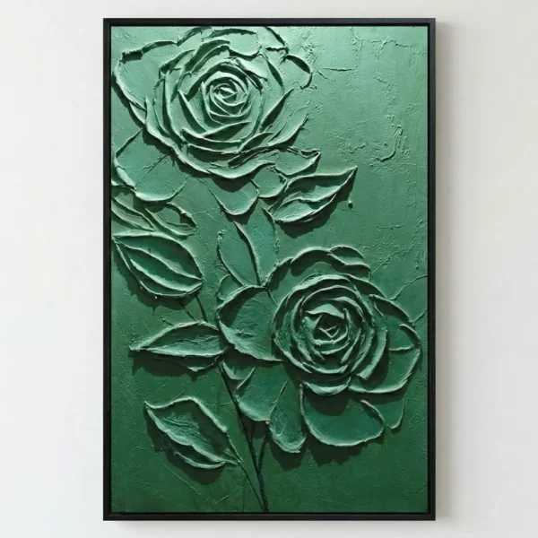 Textured contemporary wall art depicting two roses with layered leaves in monochromatic sage green tones, hand-painted canvas