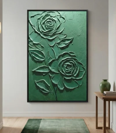 Textured hand-painted canvas depicting two green roses with layered petals and stems in monochromatic sage tones, contemporary entryway