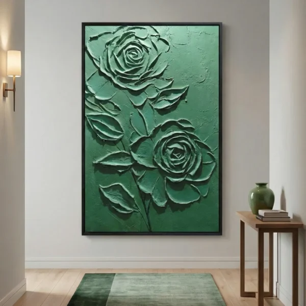 Textured hand-painted canvas depicting two green roses with layered petals and stems in monochromatic sage tones, contemporary entryway